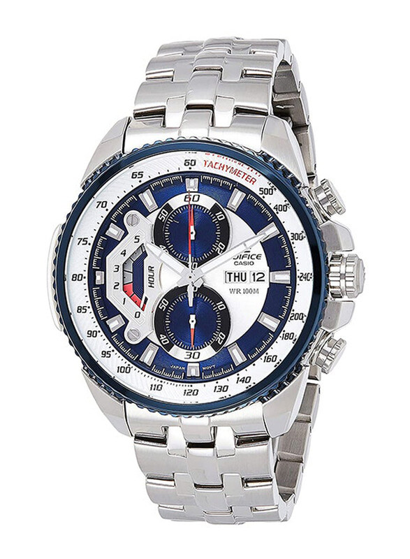 

Casio Analog Watch for Men with Stainless Steel Band, Water Resistant and Chronograph, EF-558D-2A, Silver-White/Blue