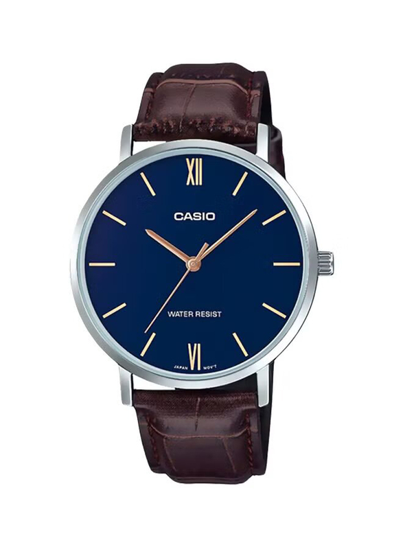 Casio Analog Watch for Men with Leather Band, Water Resistance, MTP-VT01L-2BUDF, Brown-Blue