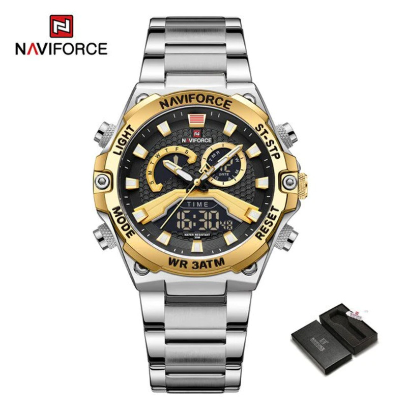 Naviforce Analog/Digital Watch for Men with Stainless Steel Band, Water Resistant, NF9207, Silver-Gold