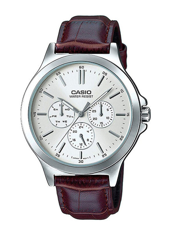 

Casio Analog Watch for Men with Leather Band, Water Resistant and Chronograph, CASIOMTP-V300L-7AUDF, Brown-Silver