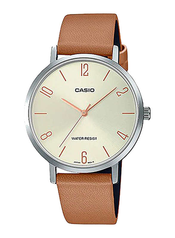 Casio Enticer Analog Watch for Women with Leather Band, Water Resistant, LTP-VT01L-5BUDF, Brown-Beige