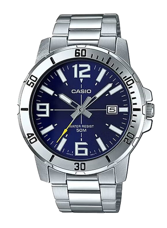Casio Analog Watch for Men with Stainless Steel Band, Water Resistant, MTP-VD01D-2BVUDF, Silver-Blue