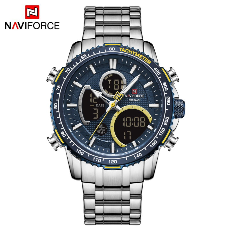 

Navi Force Analog Watch for Men with Stainless Steel Band, Water Resistant and Chronograph, 9182, Silver-Blue