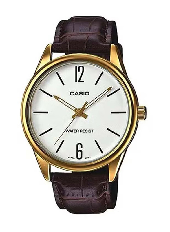 Casio Analog Watch for Men with Leather Band, Water Resistant, MTP-V005GL-7BUDF, Brown-White