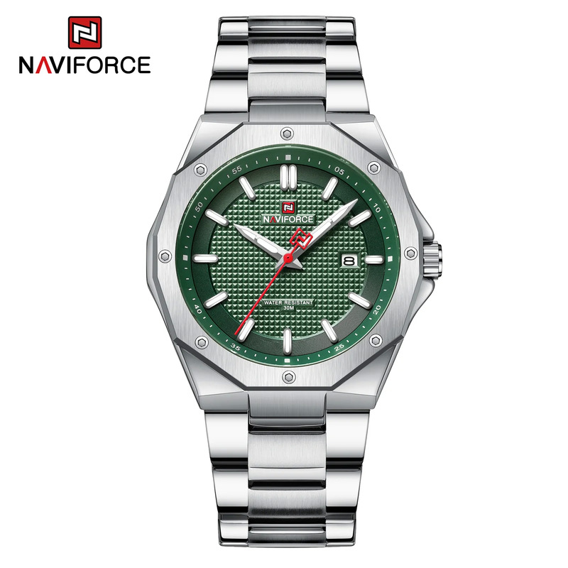 Naviforce Analog Watch for Men with Stainless Steel Band, Water Resistant, NF9200, Silver-Green