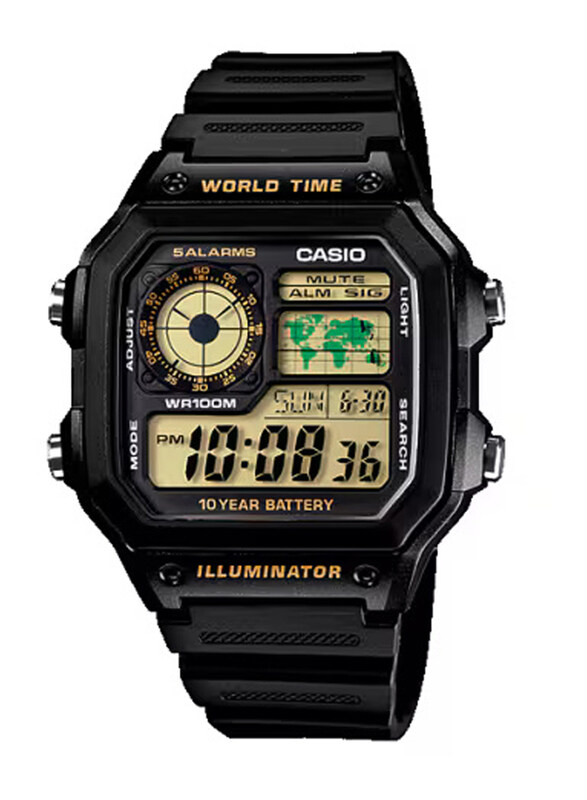 

Casio Youth Digital Watch for Men with Resin Band, Water Resistant, AE-1200WH-1BVDF, Black-Yellow