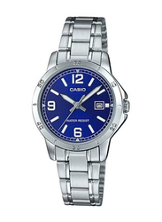 Casio Analog Watch for Women with Stainless Steel Band, Water Resistant, LTP-V004D-2BUDF, Silver-Blue