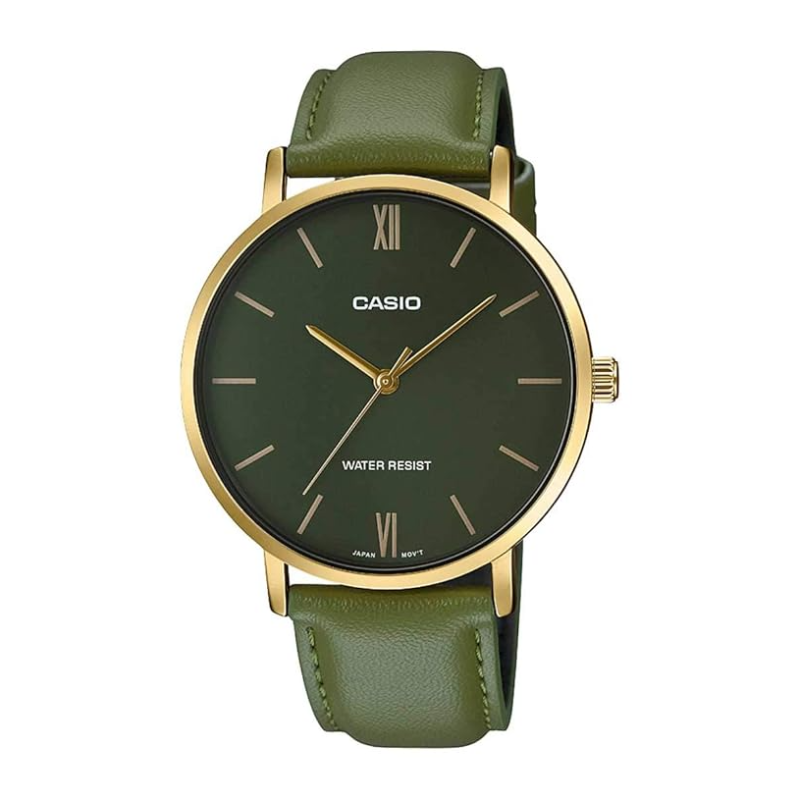 

Casio Enticer Analog Watch for Men with Leather Band, Water Resistant, MTP-VT01GL-3BUDF, Green-Green