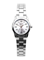 Casio Dress Timepiece Analog Watch for Women with Stainless Steel Band, Water Resistant, LTP-V001D-7B, Silver-White