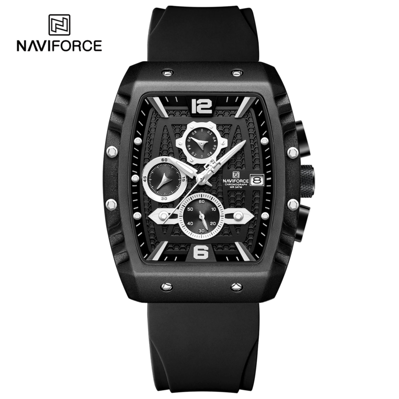 

Naviforce Analog Watch for Men with Silicone Band, Water Resistant and Chronograph, 8025, Black-Grey