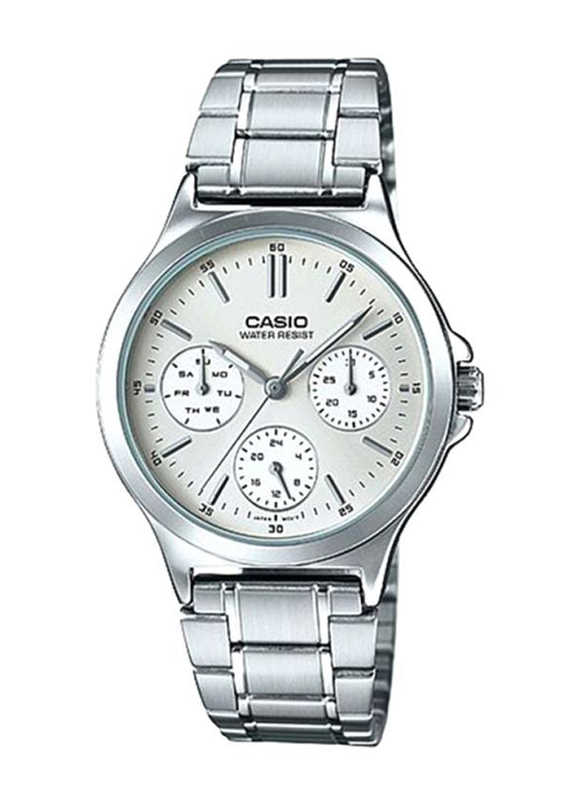 Casio Analog Watch for Women with Stainless Steel Band, Water Resistant and Chronograph, LTP-V300D-7A, Silver-White