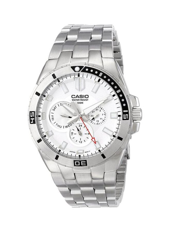 

Casio Enticer Analog Watch for Men with Stainless Steel Band, Water Resistant and Chronograph, MTD-1060D-7AVDF, Silver-White