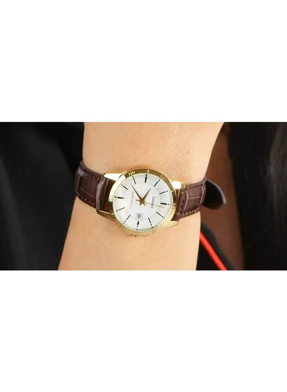 Casio Dress Analog Watch for Women with Leather Band, Water Resistant, LTP-V004GL-7A, Brown-White