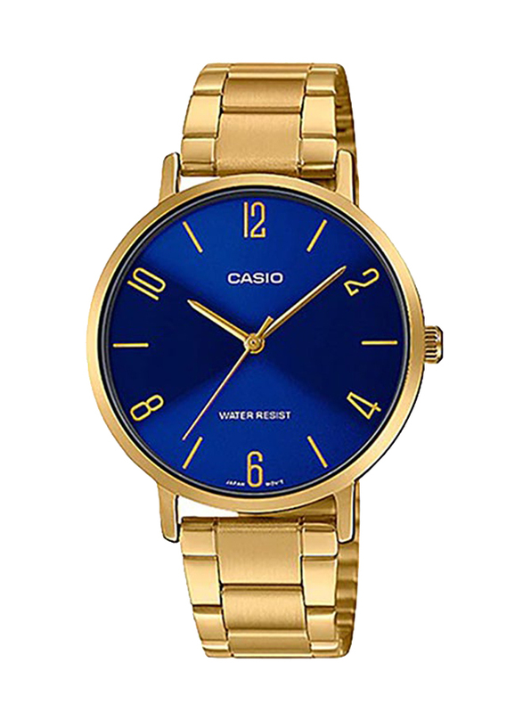 Casio Dress Analog Watch for Women with Stainless Steel Band, Water Resistant, LTP-VT01G-2BUDF, Gold-Blue
