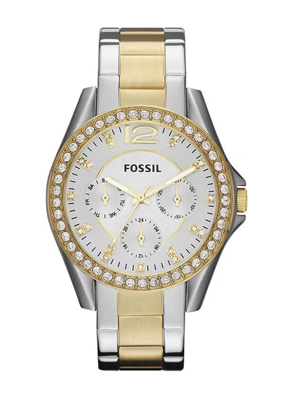 Fossil Analog Watch for Women with Stainless Steel Band, Water Resistant, ES3204, Silver/Gold-White