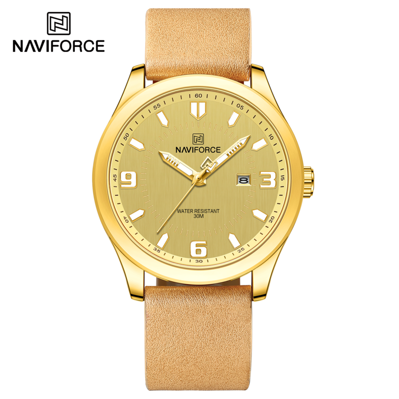 

Navi Force Analog Watch for Men with Leather Band, Water Resistant, NF8024, Beige-Gold