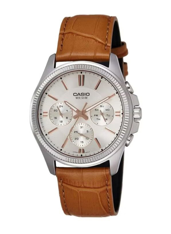 Casio Enticer Analog Quartz Watch for Men with Leather Band, Water Resistant, MTP-1375L-9AVDF, Brown/Silver