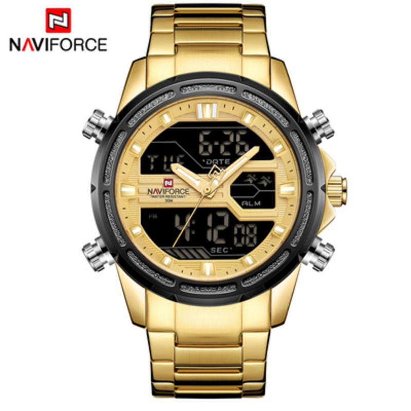 Naviforce Analog/Digital Watch for Men with Stainless Steel Band, Water Resistant, NF9138S, Gold-Multicolour