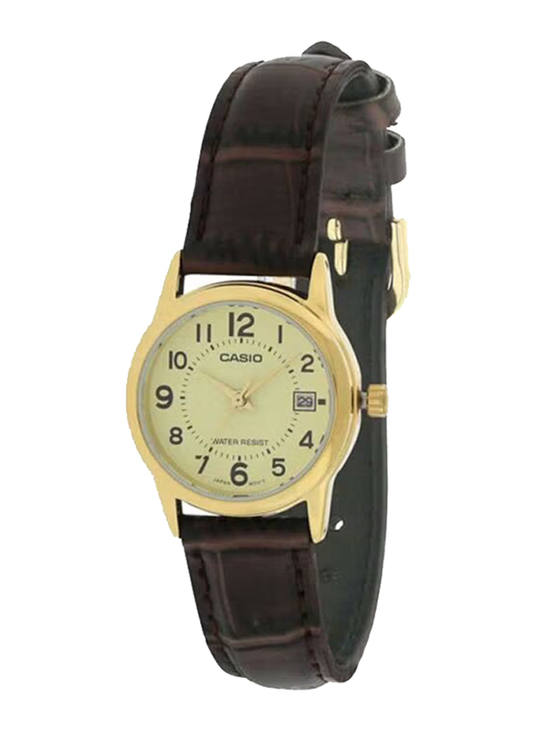 Casio Analog Watch for Women with Leather Band, Water Resistant, LTP-V002GL-9B, Brown-Gold