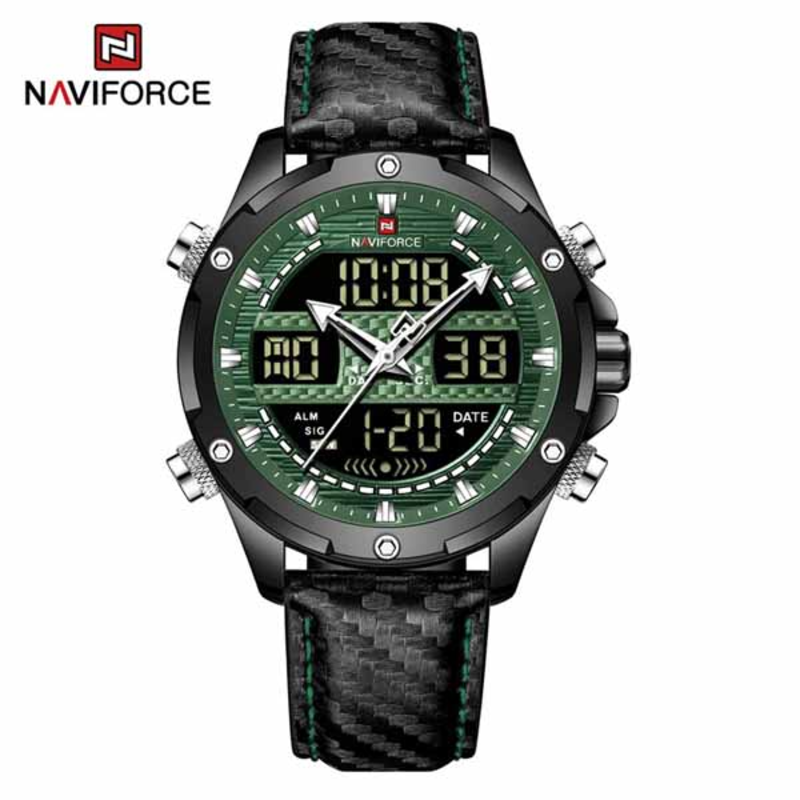 

Naviforce Analog/Digital Watch for Men with Leather Band, Water Resistant and Chronograph, NF9194, Black-Green