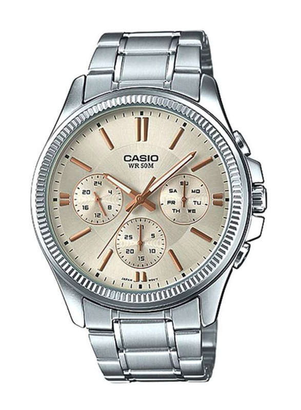 Casio Analog Watch for Men with Stainless Steel Band, Water Resistant and Chronograph, MTP-1375D-7A2VDF, Silver-Rose Gold