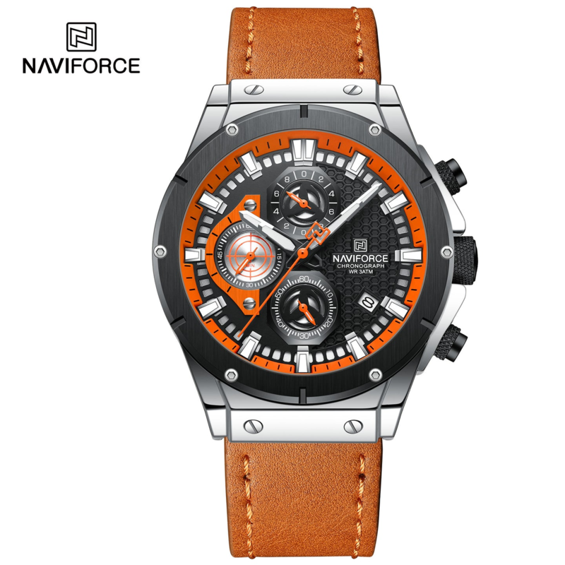 Naviforce Analog Watch for Men with Leather Genuine Band, Water Resistant and Chronograph, 8027 L, Brown-Black