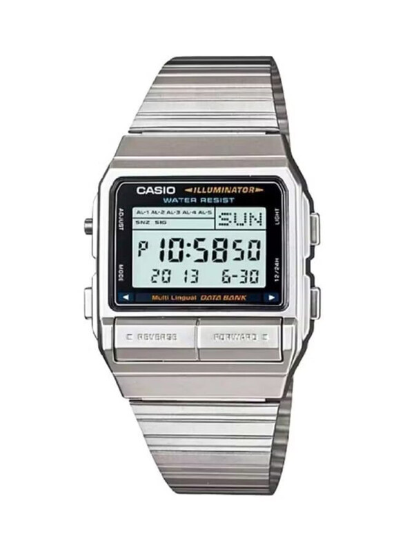 

Casio Data Bank Digital Watch for Women with Stainless Steel Band, Water Resistant, DB-380-1DF, Silver-Grey