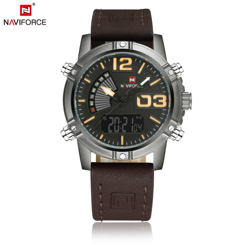 Naviforce Analog/Digital Watch for Men with Leather Band, Water Resistant, NF9095, Dark Brown-Grey