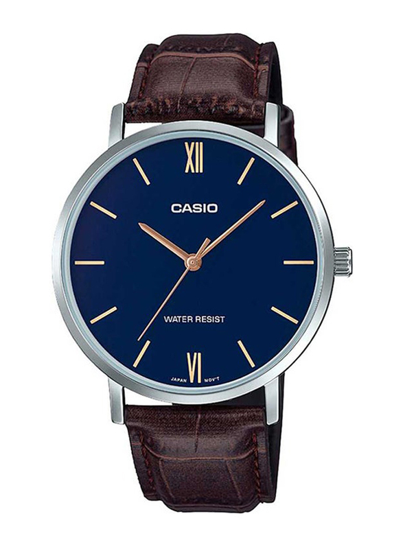 Casio Enticer Analog Wrist Watch for Men with Leather Band, Water Resistant, MTP-VT01L-2BUDF(A1616), Brown-Blue