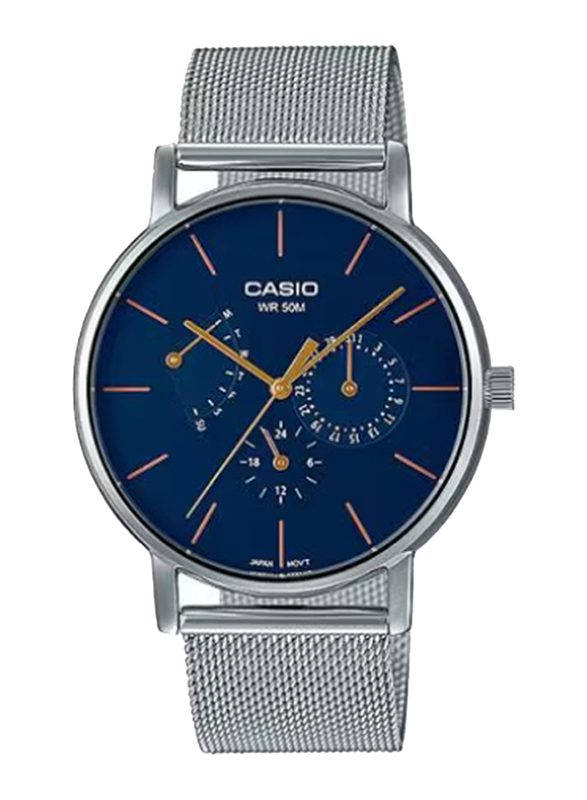 

Casio Enticer Men Analog Watch for Men with Stainless Steel Band, Water Resistant, MTP-E320M-2EVDF, Silver-Blue