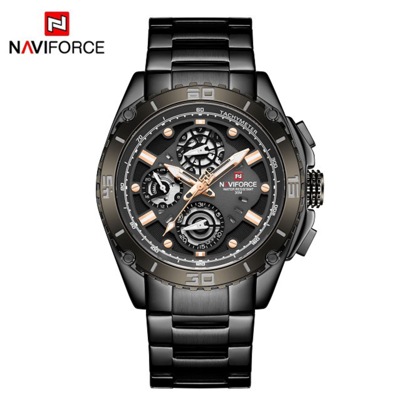 

Navi Force Analog Watch for Men with Stainless Steel Band, Water Resistant and Chronograph, 9179, Black-Black & Blue