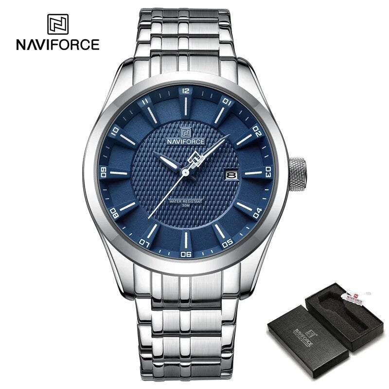 

Naviforce Analog Watch for Men with Stainless Steel Band, Water Resistant, 8032, Silver-Blue