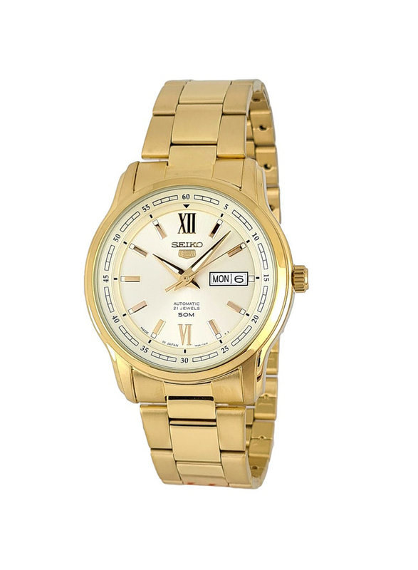 Seiko 5 Automatic Analog Watch for Men with Stainless Steel Band and Water Resistant, SNKP20J1, Gold-White