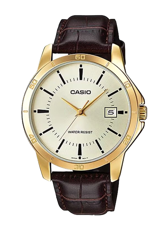 Casio Analog Watch for Men with Leather Band, Water Resistant, MTP-V004GL-9AUDF, Brown-Off White