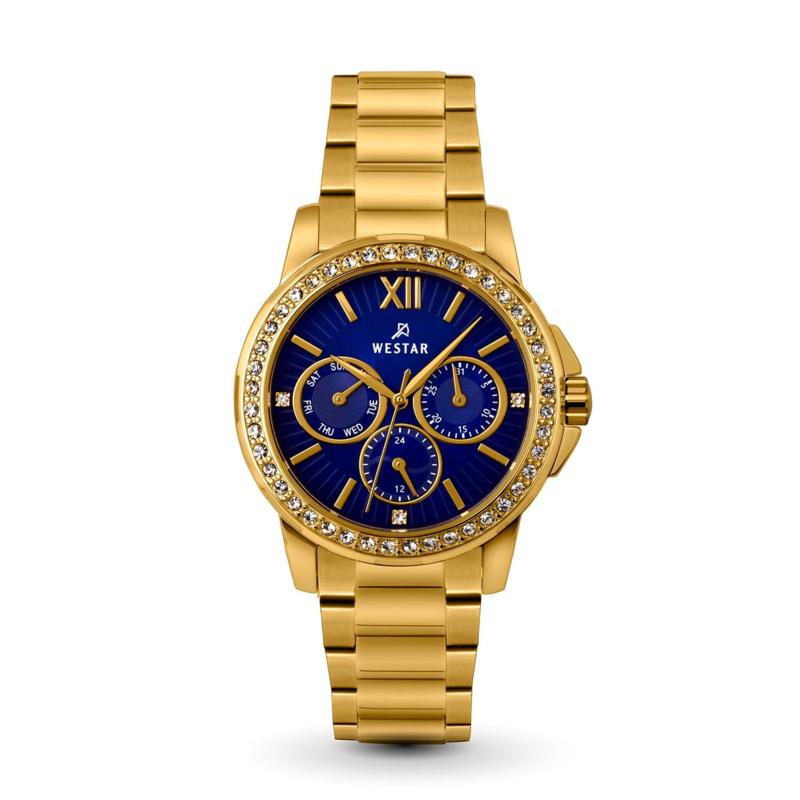 

Westar Analog Watch for Women with Stainless Steel Band, Water Resistant and Chronograph, 00155GPN114, Gold-Blue