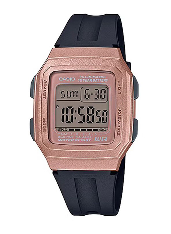 

Casio Digital Watch for Men with Resin Band, Water Resistant, F-201WAM-5AVDF, Black-Grey/Rose Gold