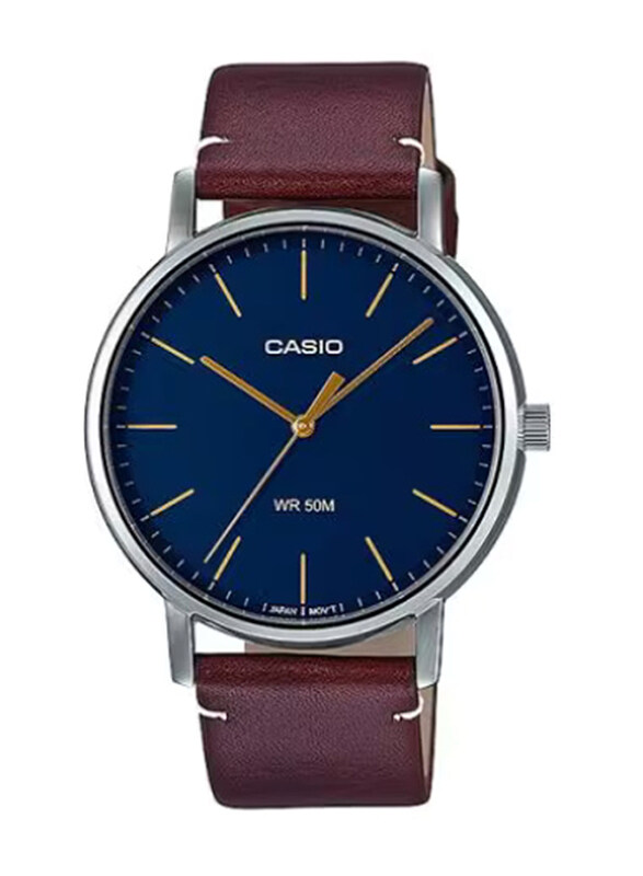 

Casio Youth Series Analog Watch for Men with Leather Band, Water Resistant, MTP-E171L-2EVDF, Brown-Blue