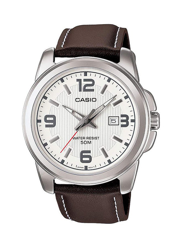 Casio Analog Watch for Men with Leather Band, Water Resistant, MTP1314L-7AV, Brown-White