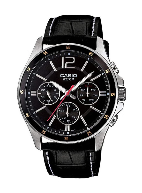 Casio Analog Quartz Watch for Men with Leather Band, Water Resistant, MTP-1374L-1AVDF, Black-Silver