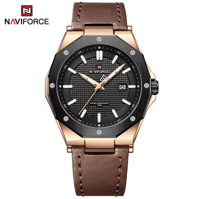 Naviforce Analog Watch for Men with Leather Band, Water Resistant, NF9200L, Brown-Black