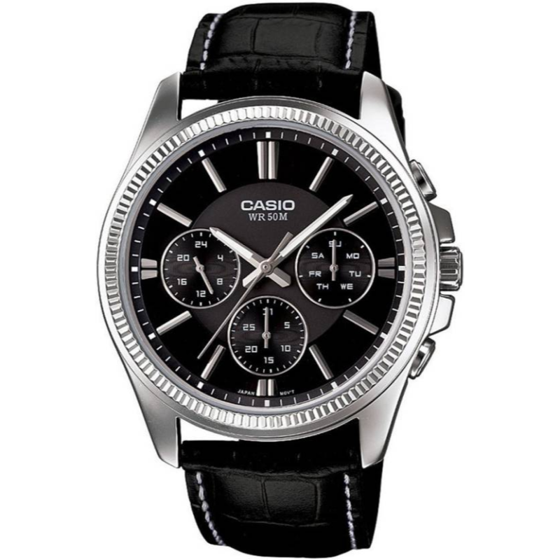 

Casio Enticer Men Analog Watch for Men with Leather Band, Water Resistant and Chronograph, MTP-1375L-1AVDF, Black-Black