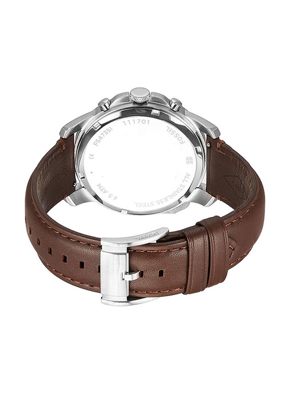 Fossil Grant Analog Watch for Men with Leather Band, Chronograph and Water Resistant, FS4735, Brown-White