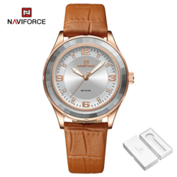 Naviforce Analog Watch for Women with PU Leather Band, Water Resistant, 5040, Brown-Silver