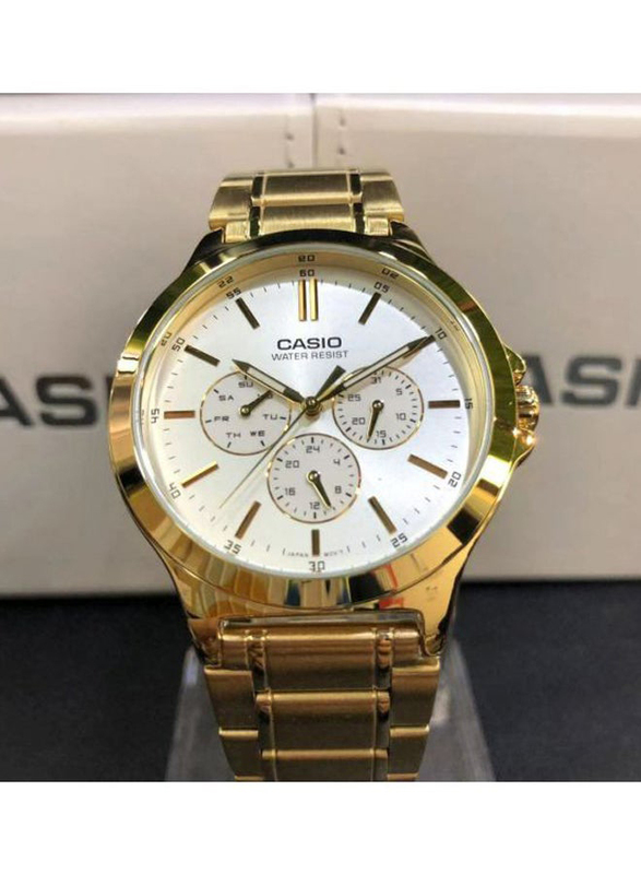 Casio Analog Watch for Men with Stainless Steel Band, Water Resistant, MTP-V300G-7A, Gold-White