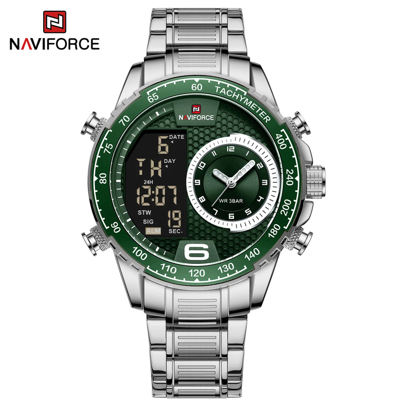 

Naviforce Analog Watch for Men with Stainless Steel Band, Water Resistant, NF9199, Silver-Green