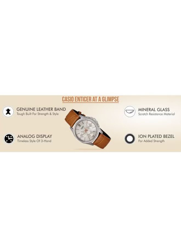 Casio Enticer Analog Quartz Watch for Men with Leather Band, Water Resistant, MTP-1375L-9AVDF, Brown/Silver