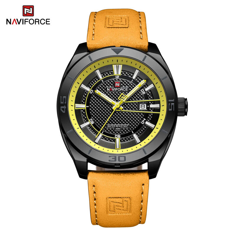 

Naviforce Analog Watch for Men with Leather Band, Water Resistant, NF9209, Yellow-Black