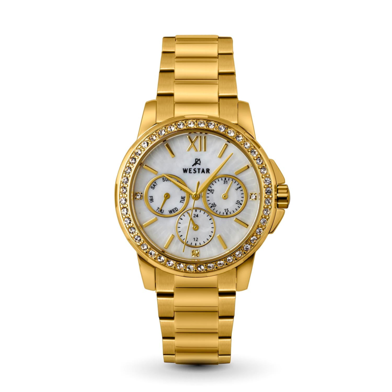 

Westar Analog Watch for Women with Stainless Steel Band, Water Resistant and Chronograph, 00155GPN111, Gold-White Mother Of Pearl