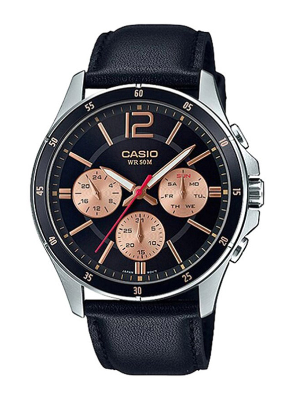 Casio Enticer Analog Wrist Watch for Men with Leather Band, Water Resistant and Chronograph, Mtp-1374L-1A2Vdf, Black