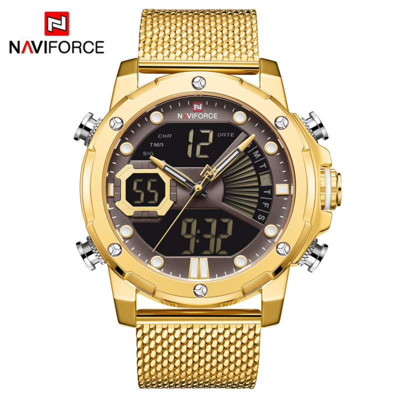 

Navi Force Analog/Digital Watch for Men with Stainless Steel Band, Water Resistant, 9172S, Gold-Gold